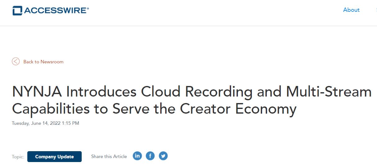 NYNJA Introduces Cloud Recording and Multi-Stream Capabilities to Serve the Creator Economy
